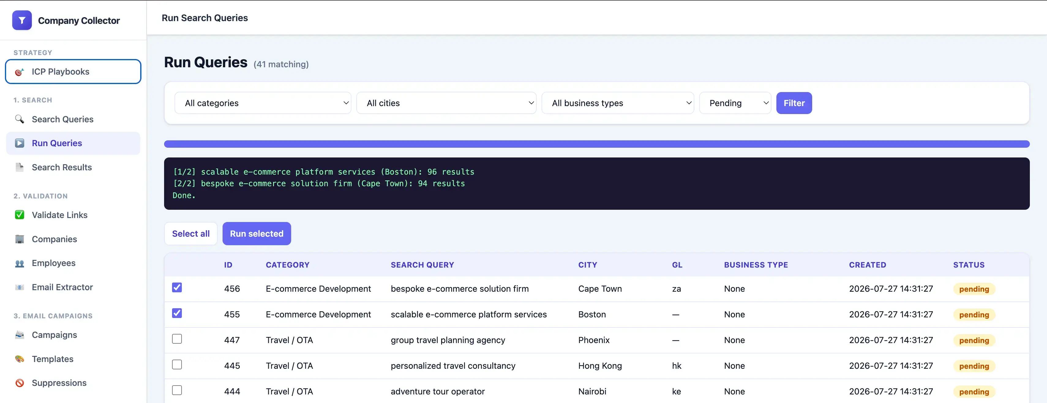 Searching a niche across target cities and collecting candidate businesses